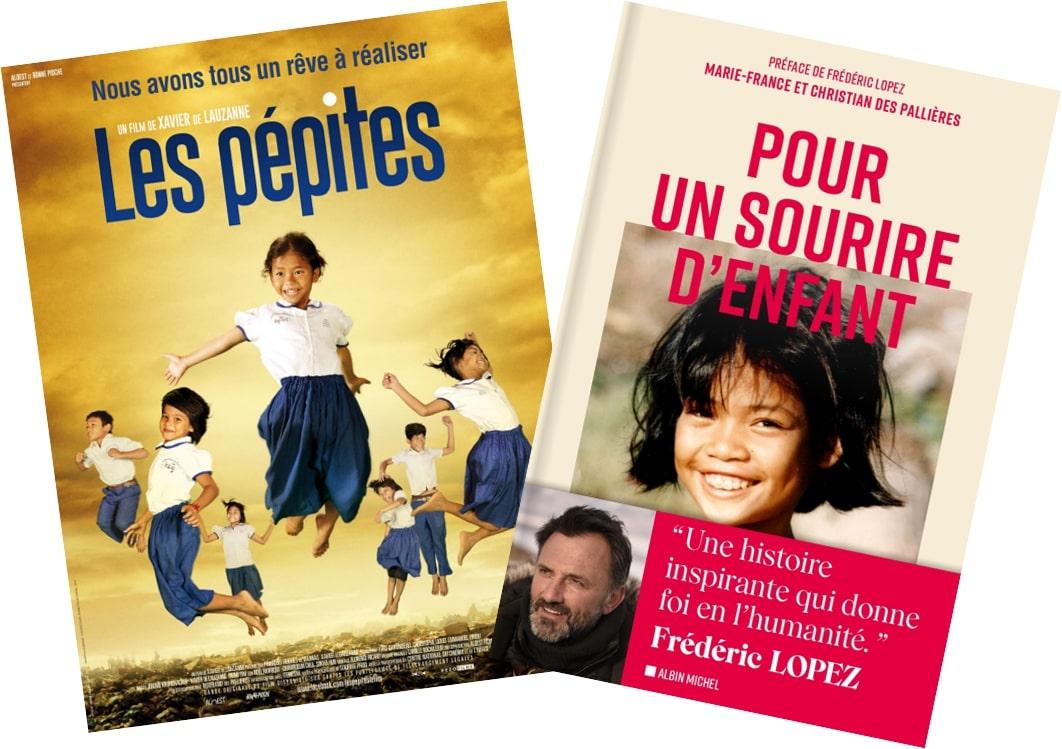 Visuels de l'affiche du film Les Pépites de Xavier de Lauzanne et du livre Pour un Sourire d'Enfant de Marie-France des Pallières